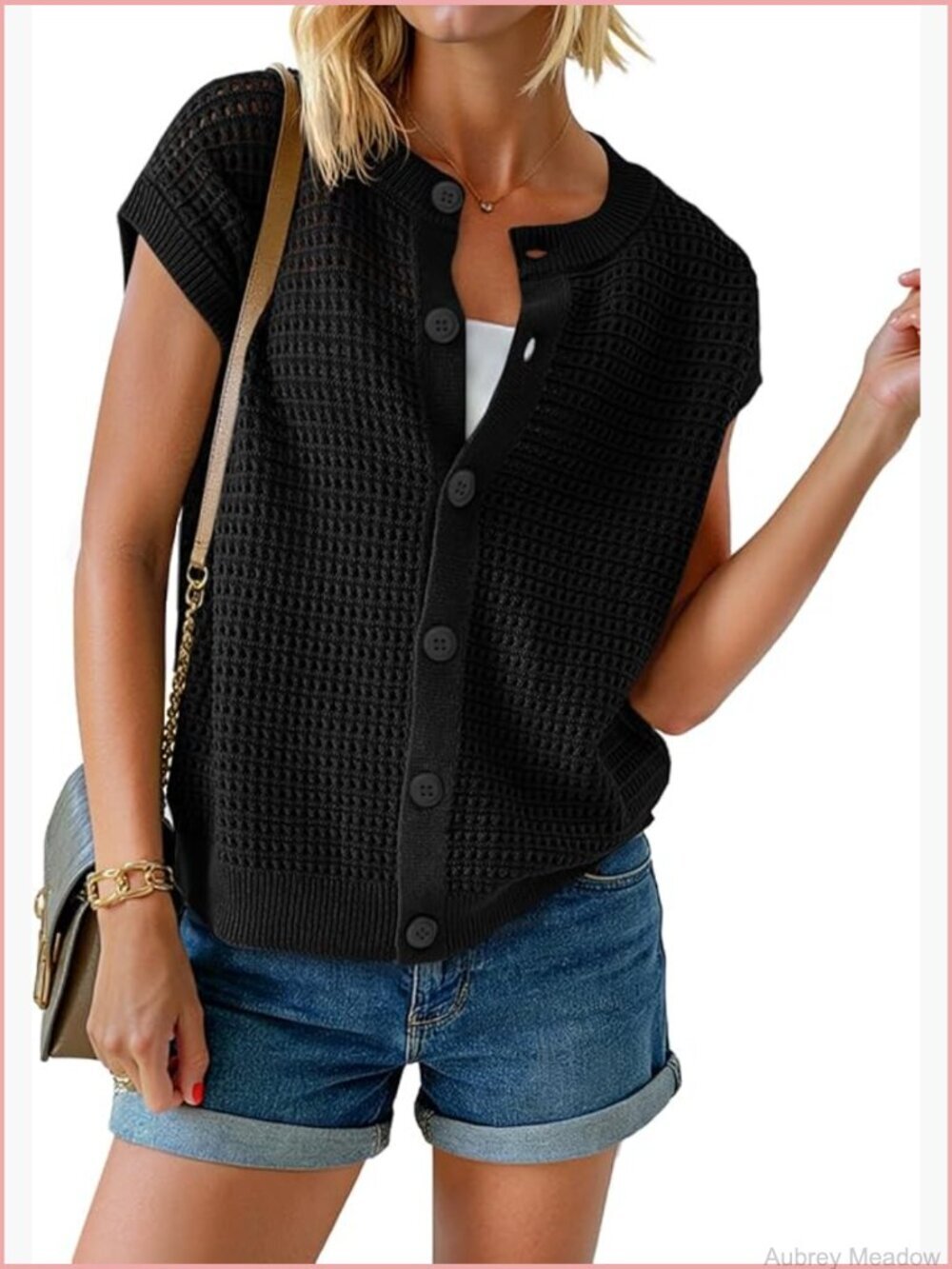Short Cap Sleeve Sweater Vest Crochet Button Down Cardigan Summer Knit Top